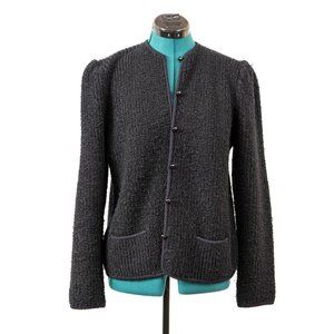 Vintage 80s Knit Cardigan Sweater Chunky Black Minimal Puff Gathered Shoulder Wo